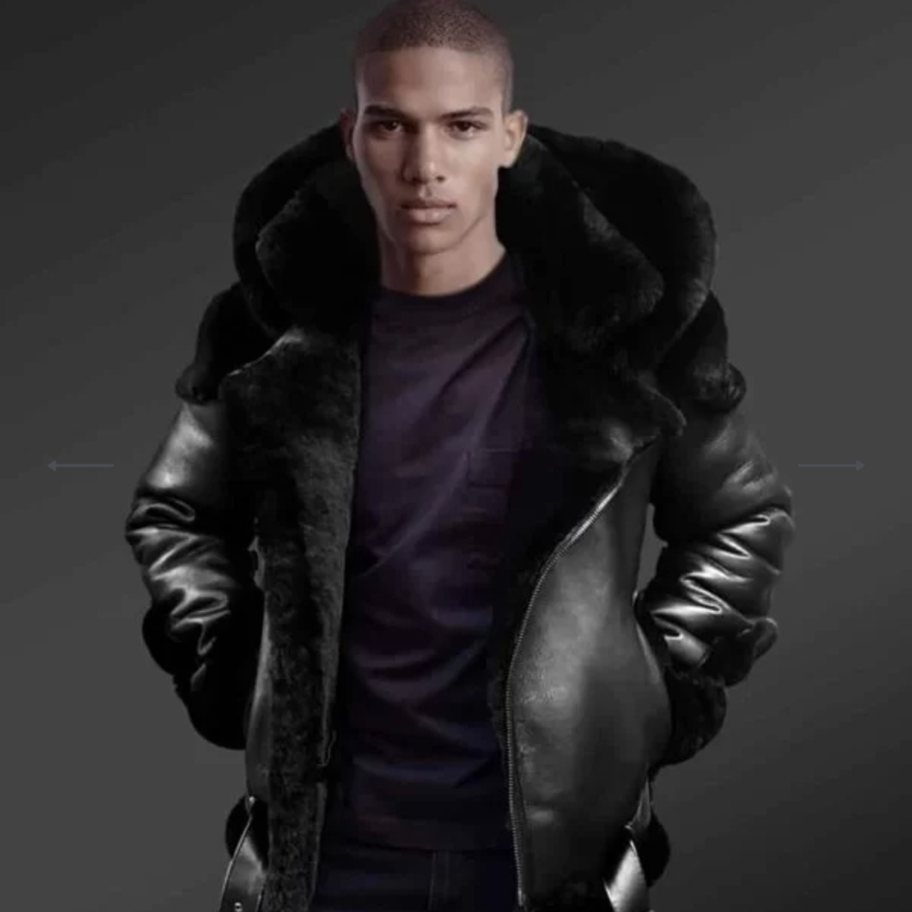SHEEPSKIN SHEARLING BIKER JACKET WITH FUR HOOD